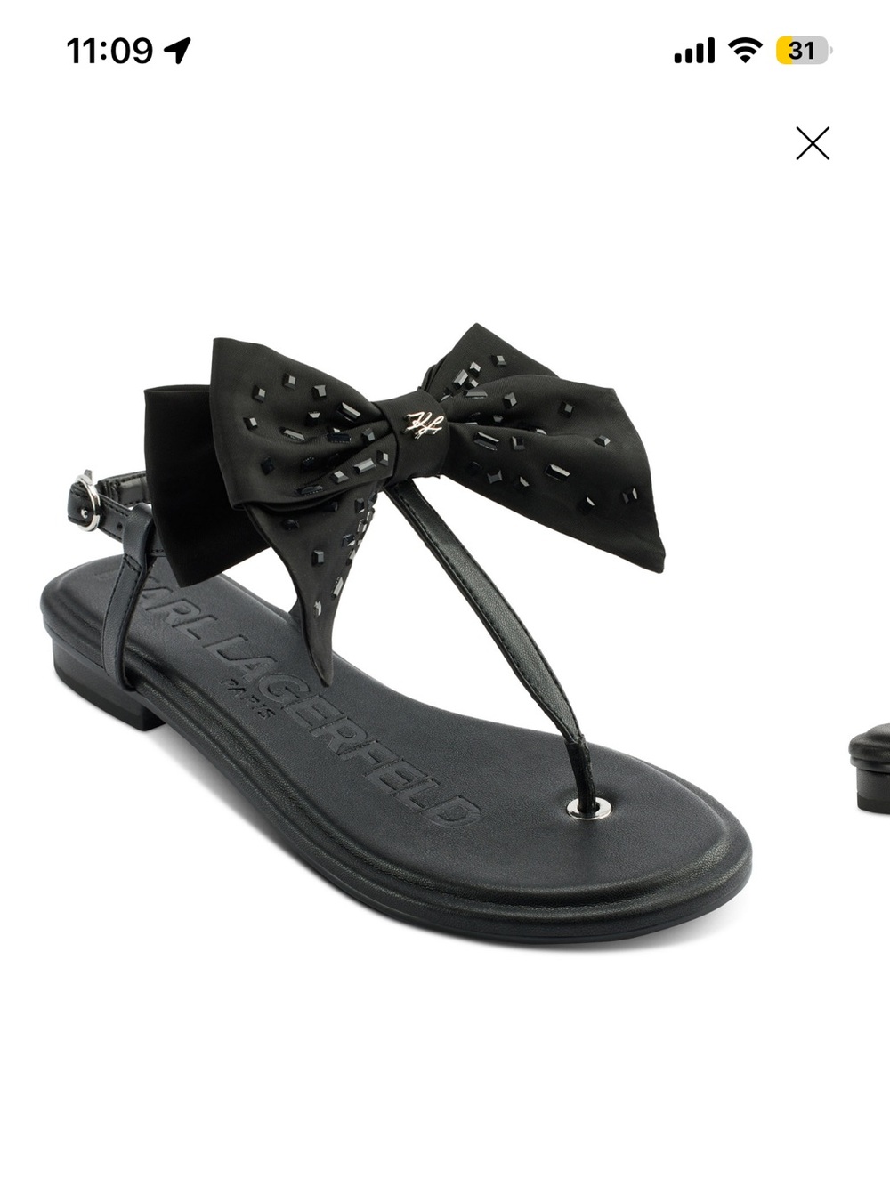 Karl Lagerfeld Black Satin Bow Thong Sandals with Stud Detail